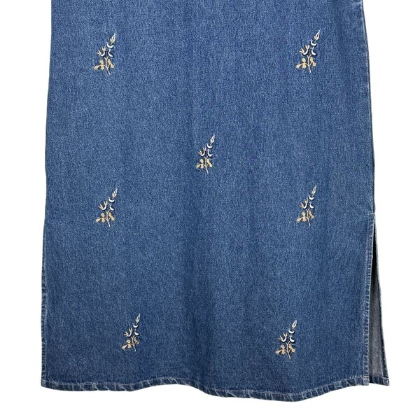 M.P.H. Blues Denim Maxi Jumper Dress XL Embroidered Prairie Flowers Side Buttons - Picture 5 of 12